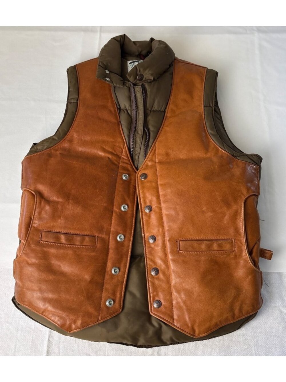 Schott NYC Leather Puffer Down Vest 36 Tan Olive Snap Front Warm Vintage Made US